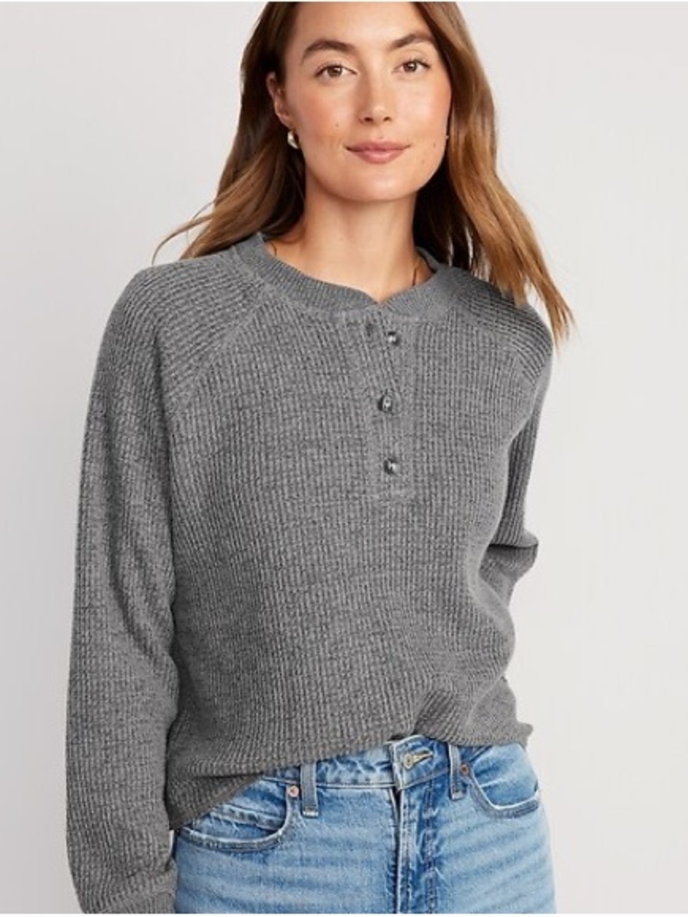 Loose cropped cozy long-sleeve waffle knit Henley tops | Black & Grey